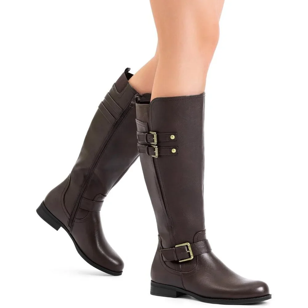 Women's Faux Leather Brown Knee High Buckle Chunky Heel Flat Riding Pirate Boots